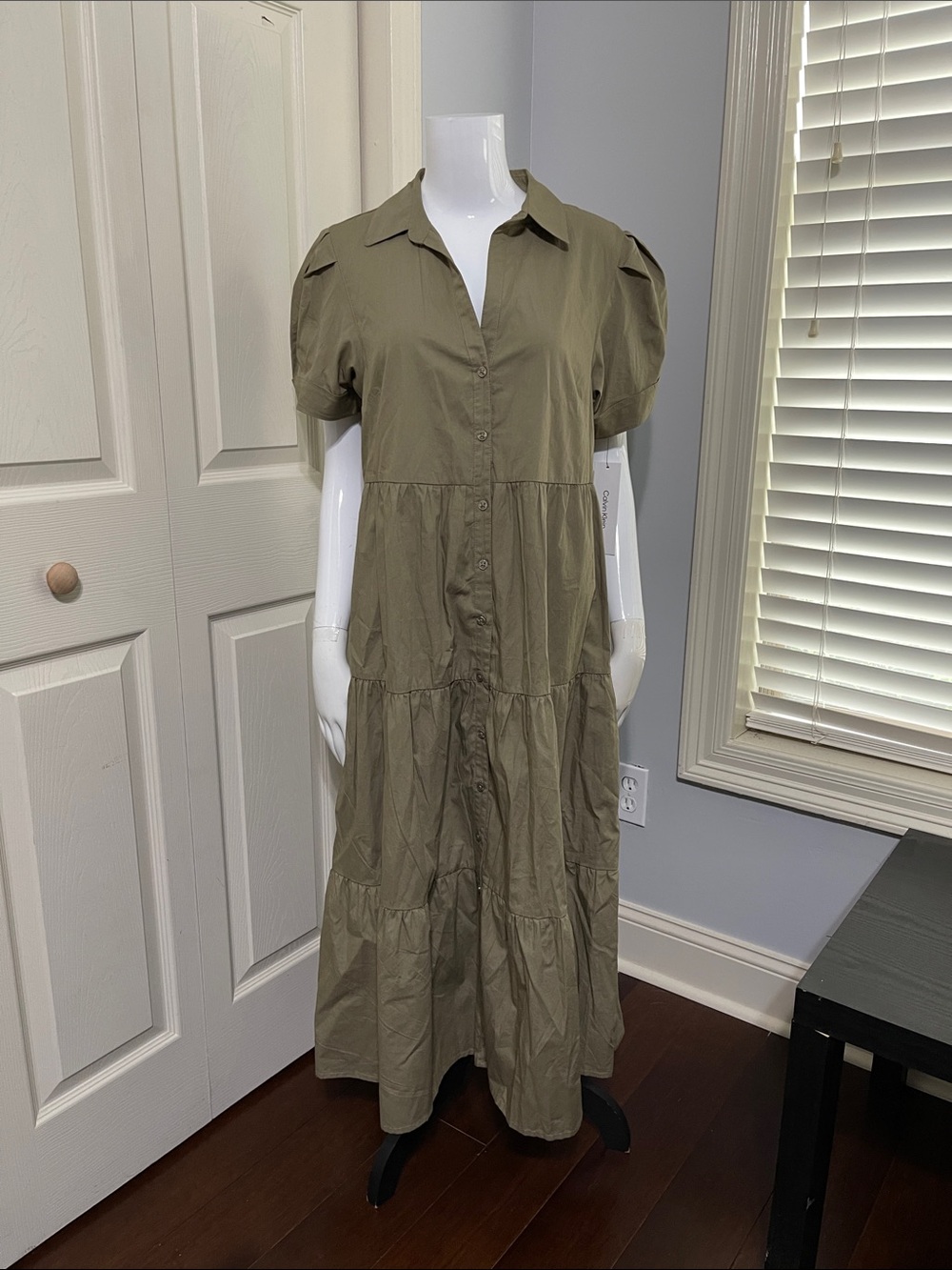 Calvin Klein Women's olive color Cotton Tiered Midi Shirtdress